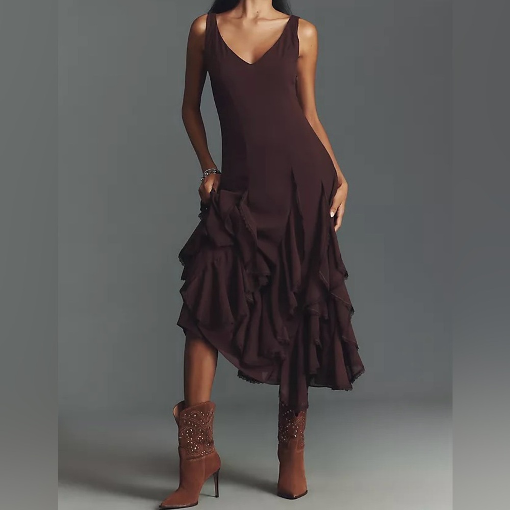 Anthropologie Philomene Ruffled Midi Dress Women’s XS Dark Plum